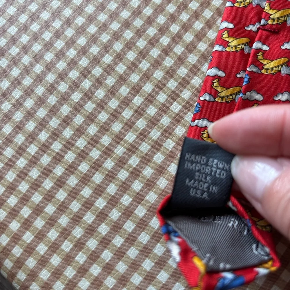 Robert Talbott Silk Print Tie - Airplanes red. Hand‎ sewn Made in USA. Classic